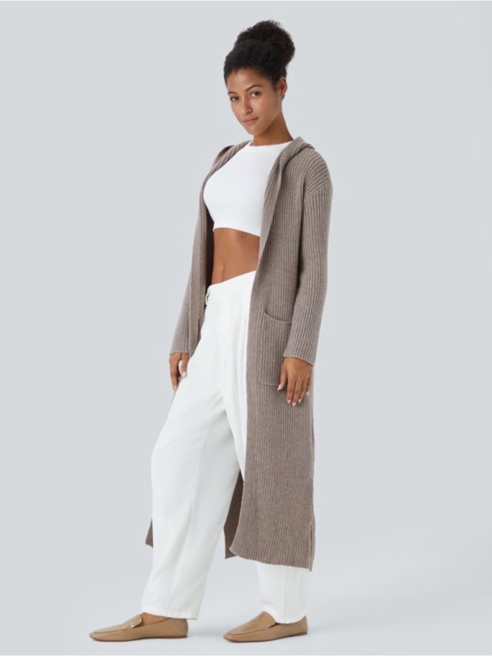 HALARA Long Hooded Ribbed Cardigan - Mocha